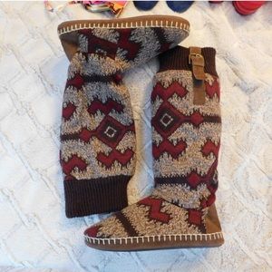 Muk Luks Tan and Red Aztec Printed Tall Sweater Slippers